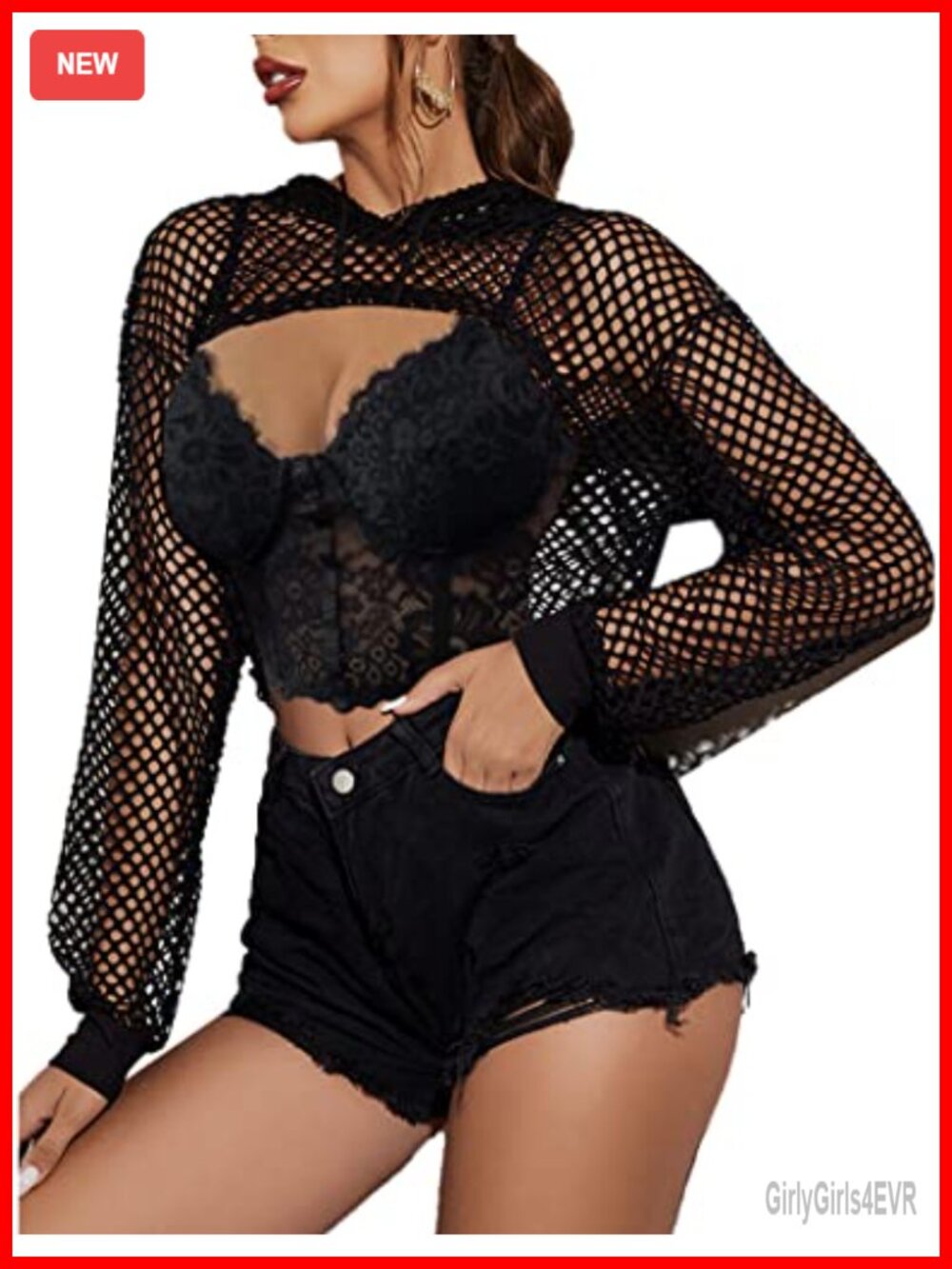 Mesh Crop Top Hoodie Long Sleeve Fishnet Shirt Rave Festival Top